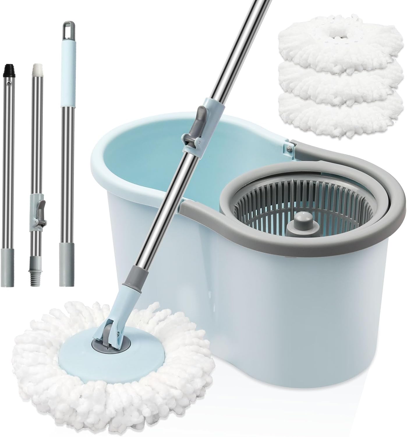 Spin Mop and Bucket with Wringer Set, 360° Spinning Mop Bucket System with 6 Microfiber Mop Replacement Heads and 61" Stainless Steel Adjustable Handle for Floor Cleaning