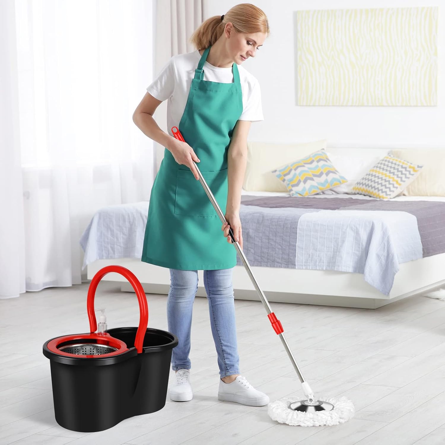 Spin Mop and Bucket with Wringer Set, 360° Spinning Mop Bucket System with 6 Microfiber Mop Replacement Heads and 61" Stainless Steel Adjustable Handle for Floor Cleaning