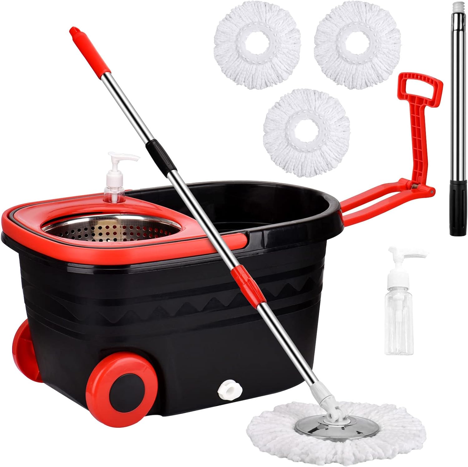 Spin Mop and Bucket with Wringer Set, 360° Spinning Mop Bucket System with 6 Microfiber Mop Replacement Heads and 61" Stainless Steel Adjustable Handle for Floor Cleaning