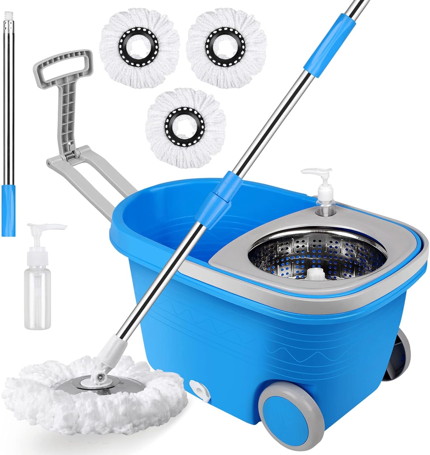 Spin Mop and Bucket with Wringer Set, 360° Spinning Mop Bucket System with 6 Microfiber Mop Replacement Heads and 61" Stainless Steel Adjustable Handle for Floor Cleaning