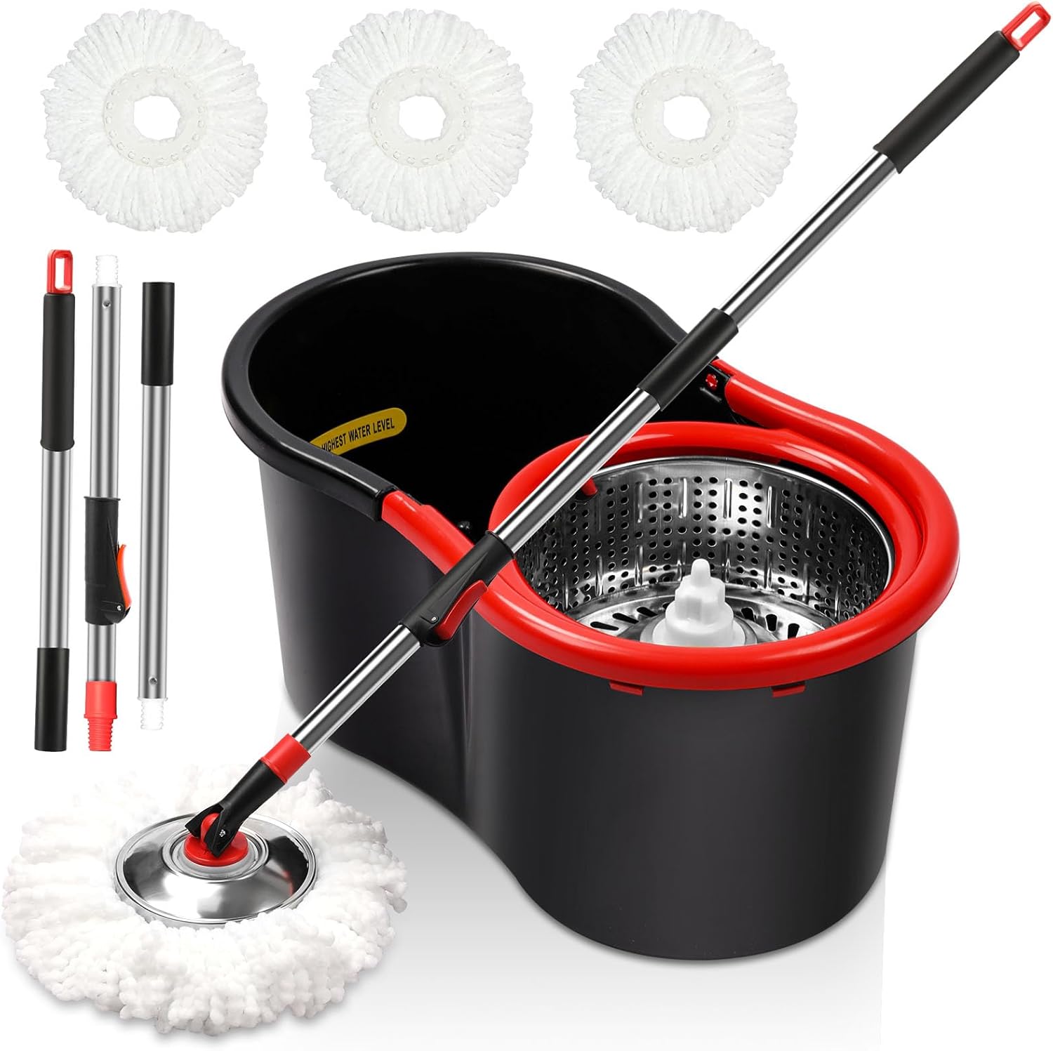 Spin Mop and Bucket with Wringer Set, 360° Spinning Mop Bucket System with 6 Microfiber Mop Replacement Heads and 61" Stainless Steel Adjustable Handle for Floor Cleaning