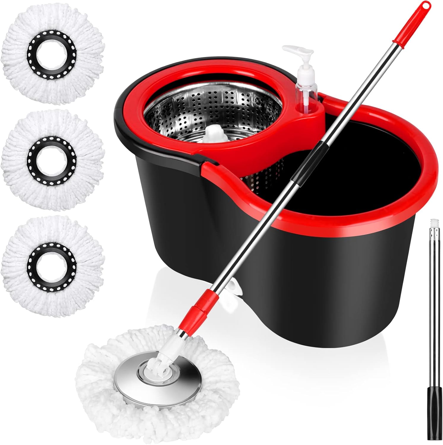 Spin Mop and Bucket with Wringer Set, 360° Spinning Mop Bucket System with 6 Microfiber Mop Replacement Heads and 61" Stainless Steel Adjustable Handle for Floor Cleaning