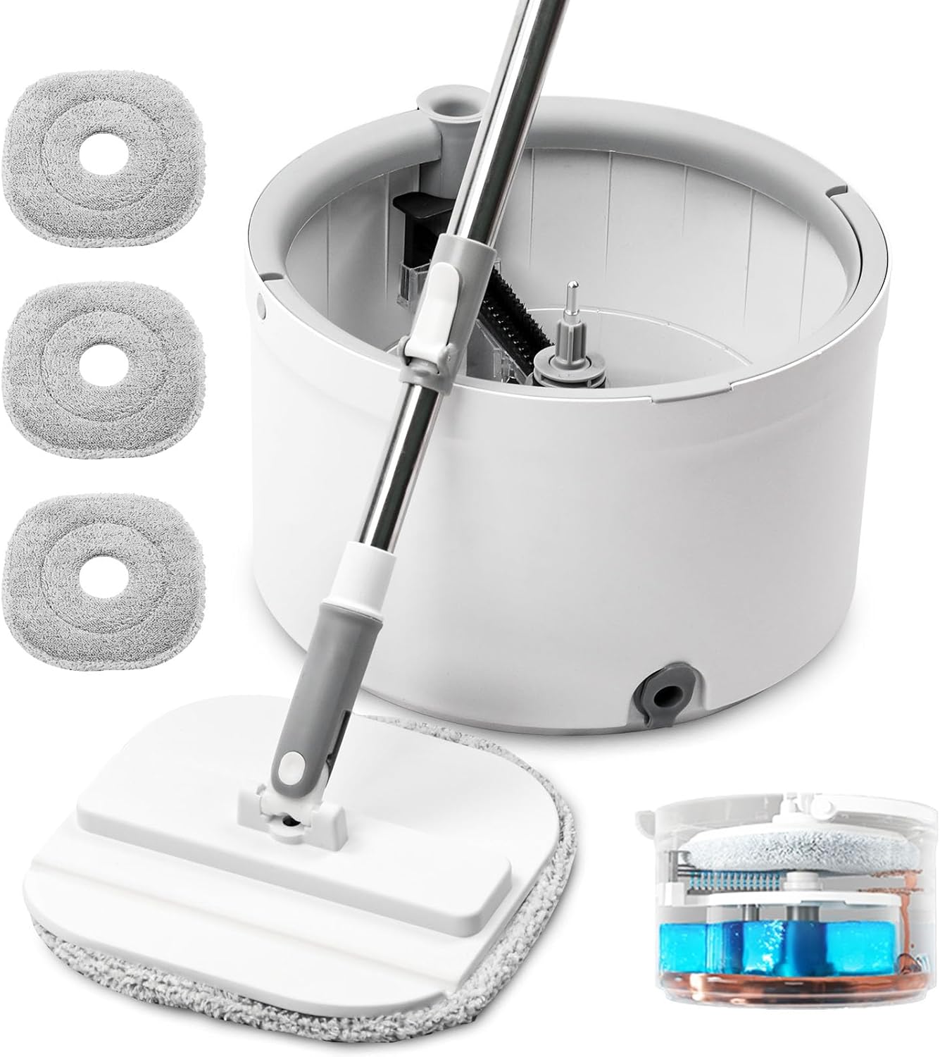 Spin Mop and Bucket with Wringer Set, 360° Spinning Mop Bucket System with 6 Microfiber Mop Replacement Heads and 61" Stainless Steel Adjustable Handle for Floor Cleaning