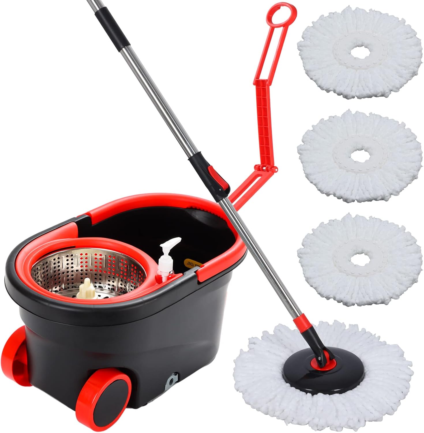 Spin Mop and Bucket with Wringer Set, 360° Spinning Mop Bucket System with 6 Microfiber Mop Replacement Heads and 61" Stainless Steel Adjustable Handle for Floor Cleaning