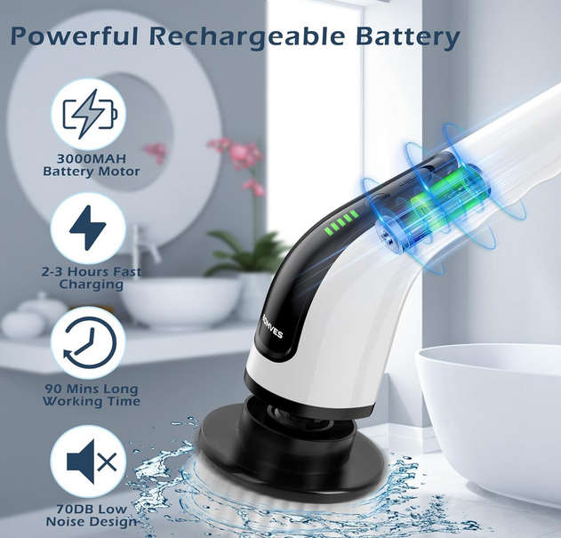Bomves Electric Spin Scrubber, Cordless Cleaning Brush Scrubber for Home, 8 Replaceable Brush Heads-90Mins Work Time, 3 Adjustable Size, 2 Speeds for...