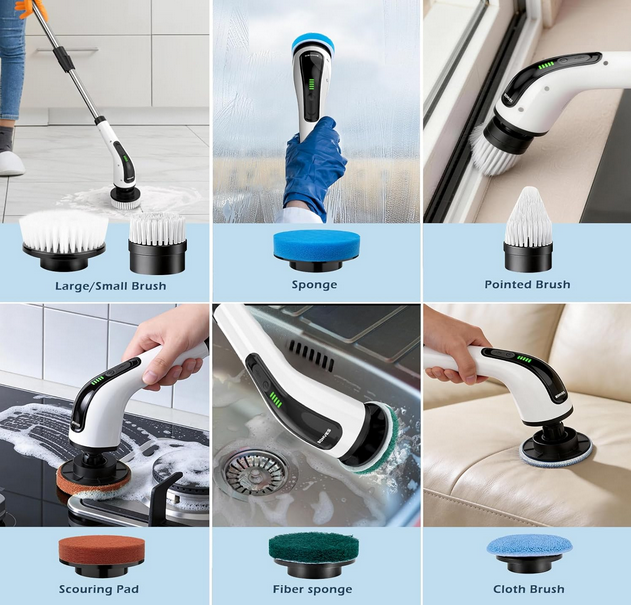 Bomves Electric Spin Scrubber, Cordless Cleaning Brush Scrubber for Home, 8 Replaceable Brush Heads-90Mins Work Time, 3 Adjustable Size, 2 Speeds for...