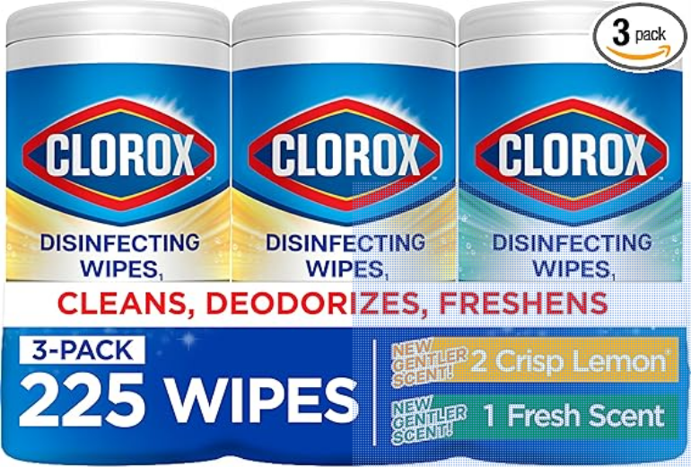 Clorox Disinfecting Wipes for Allergy Season, Bleach-Free, Multi-Surface Cleaner, Antibacterial, Fresh Scent & Crisp Lemon, 75 Count Each, Pack of 3