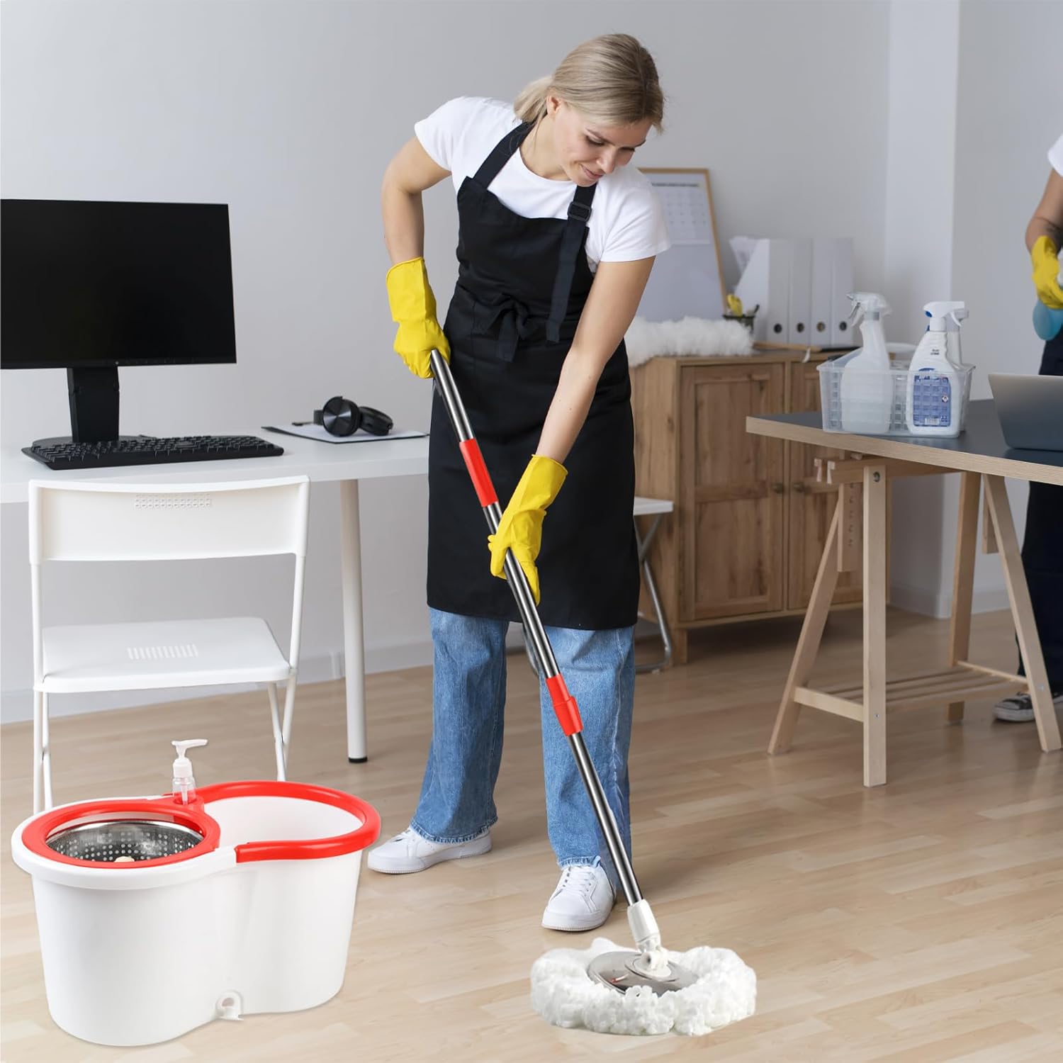 Spin Mop and Bucket with Wringer Set, 360° Spinning Mop Bucket System with 6 Microfiber Mop Replacement Heads and 61" Stainless Steel Adjustable Handle for Floor Cleaning
