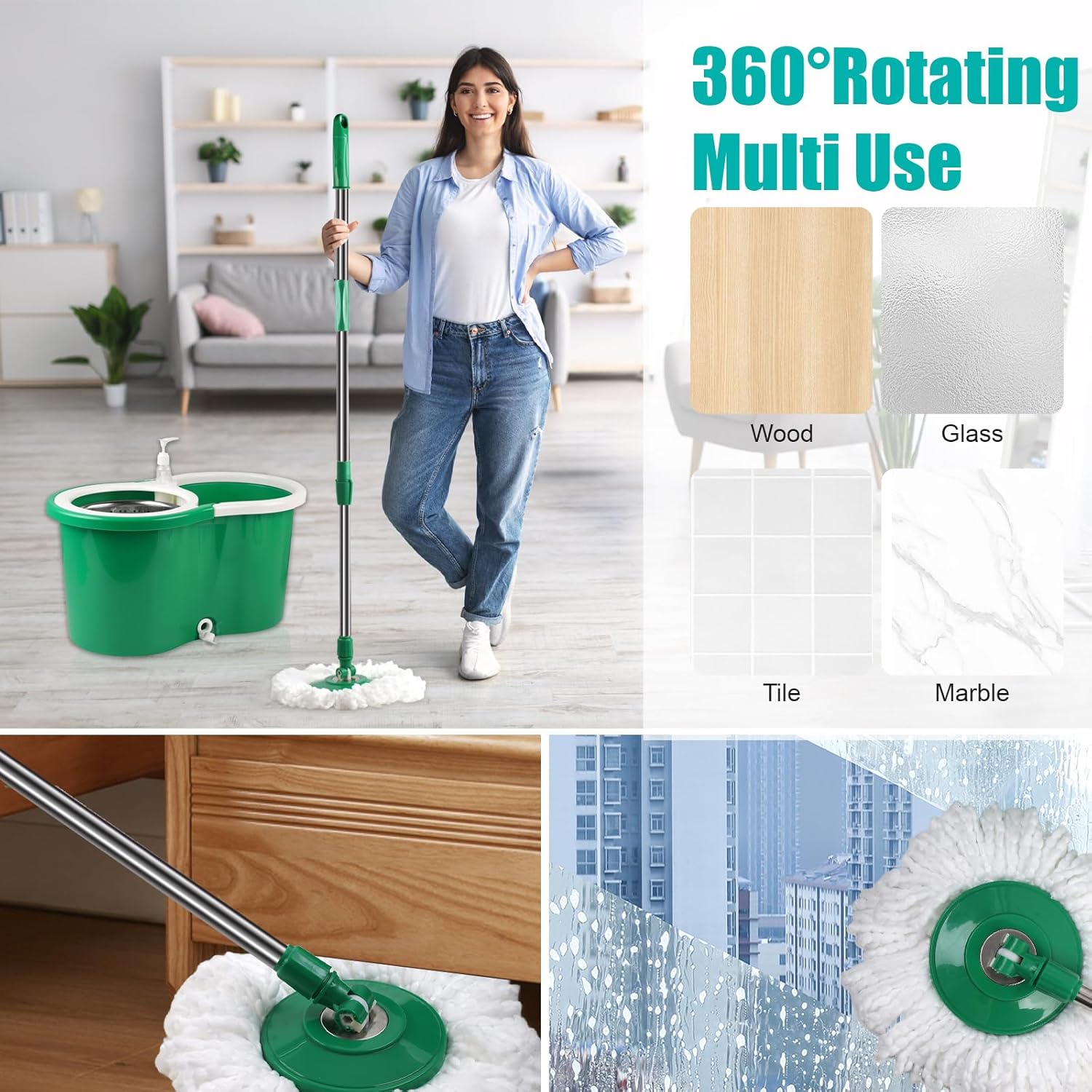 Spin Mop and Bucket with Wringer Set, 360° Spinning Mop Bucket System with 6 Microfiber Mop Replacement Heads and 61" Stainless Steel Adjustable Handle for Floor Cleaning